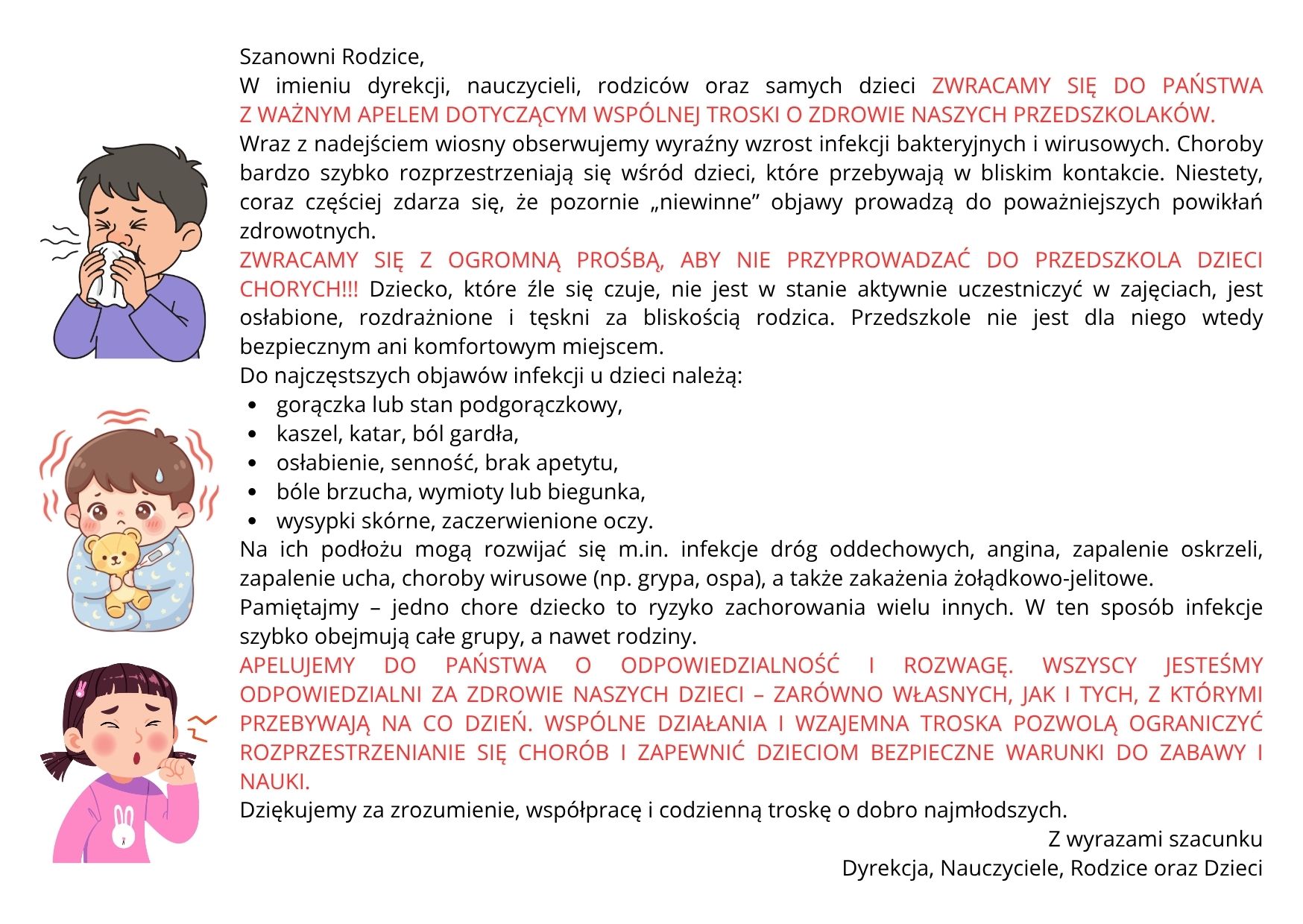 Apel dotyczący wspólnej troski o zdrowie przedszkolaków