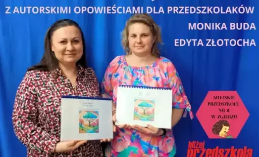 Grafika - zdjęcie nauczycielek ze swoimi opowiadaniami do projektu edukacyjnego 
